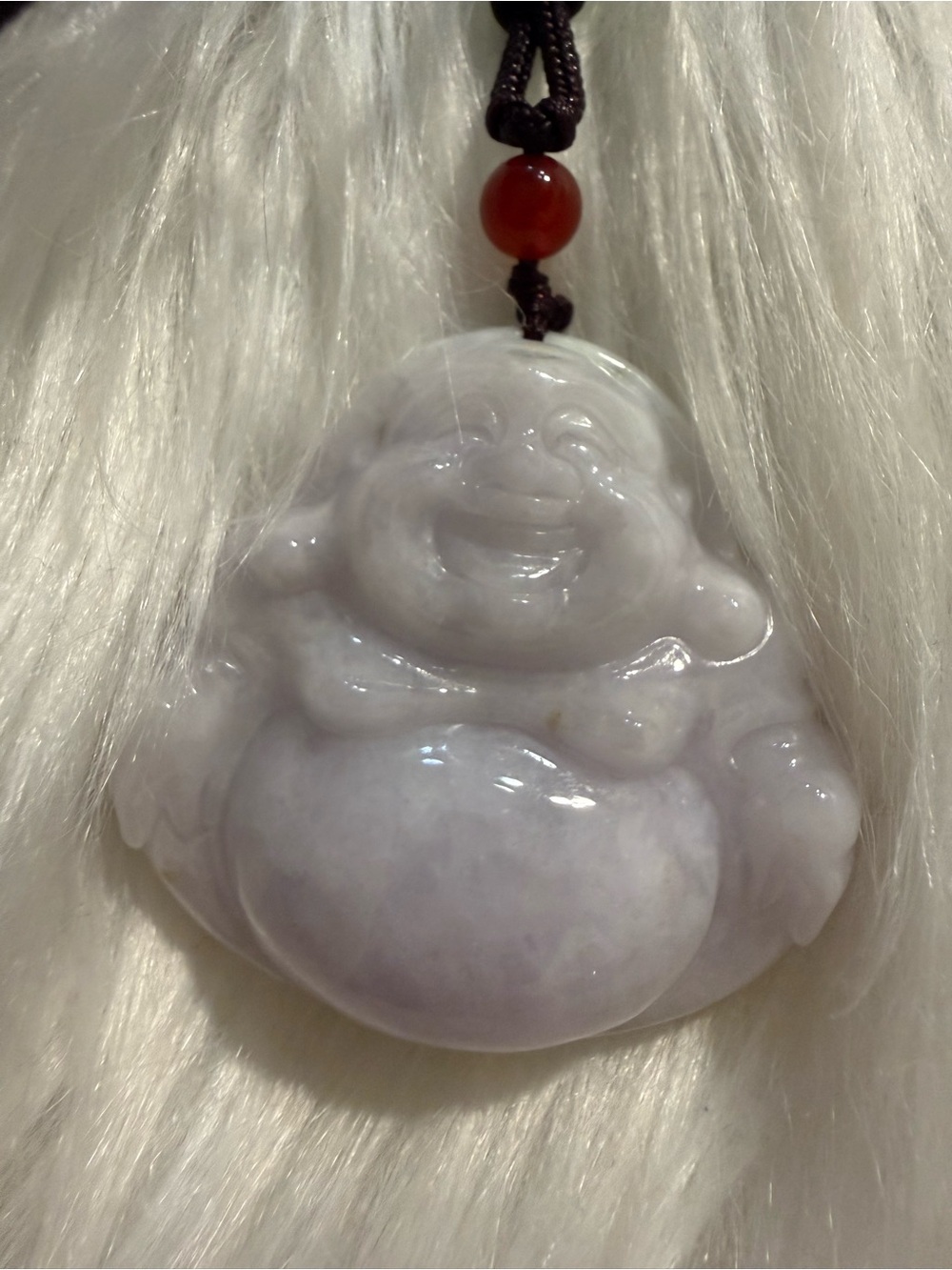 Lavender Jade Laughing Buddha Pendant with Red Bead Accent